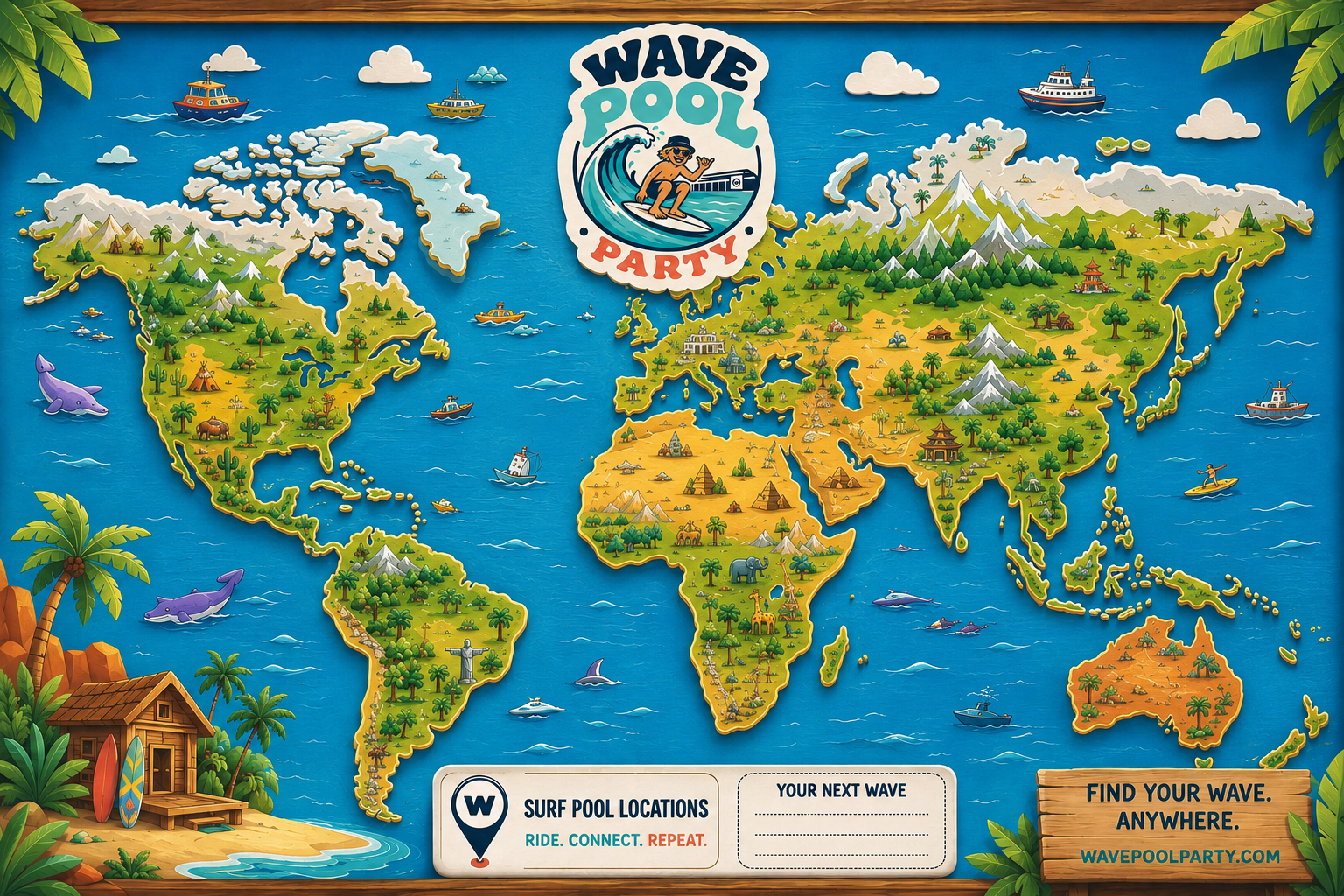 Illustrated world map of every wave pool on earth