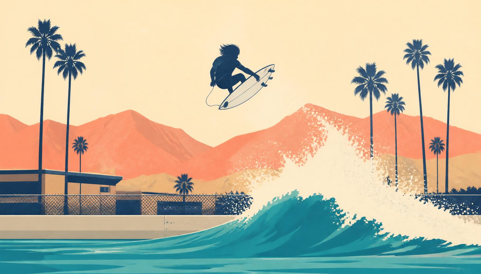 Flat vector illustration of a surfer boosting a huge air above a teal wave pool wave with palm trees and coral desert mountains in the background.